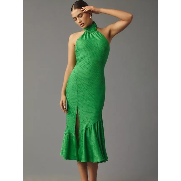 ASTR the Label Caspia Halter Side Slit Green Midi Dress Large Ruffle Boning NWT - Picture 1 of 15